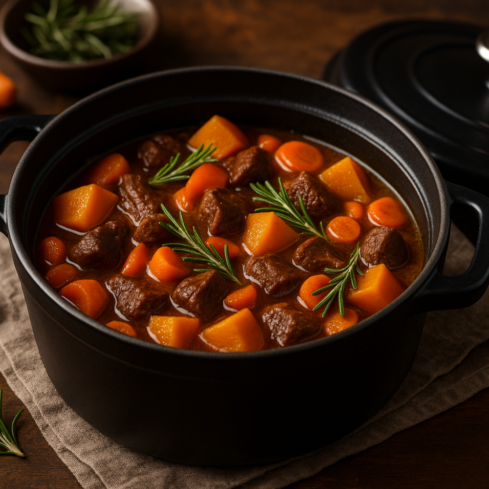 Runderstoof met pompoen, wortel en rozemarijn