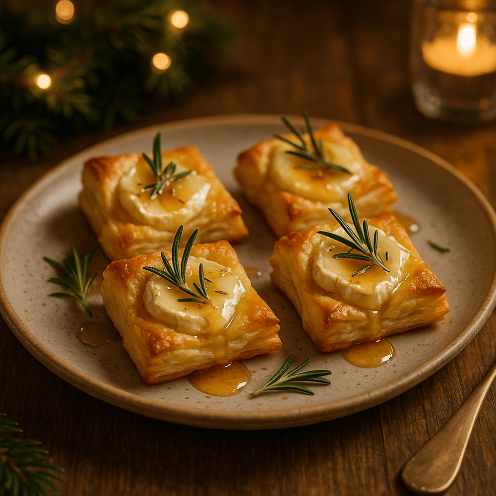 Mini-bladerdeeghapjes met brie, honing & rozemarijn