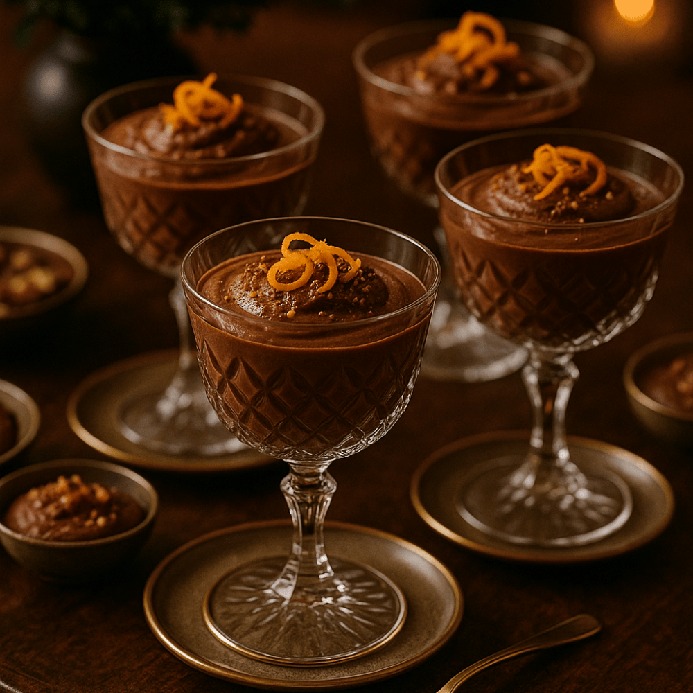Chocolademousse met sinaasappelzeste en krokante topping