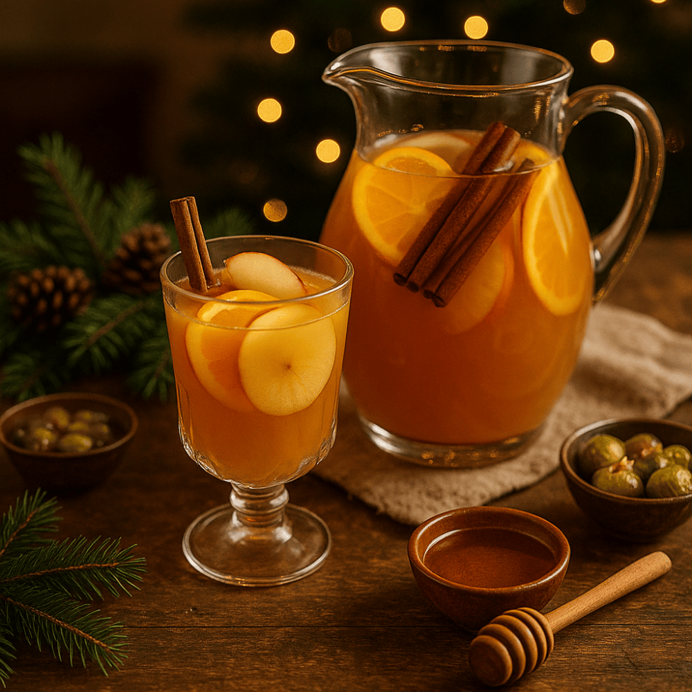 Warme appel-kaneel punch met honing en sinaasappel