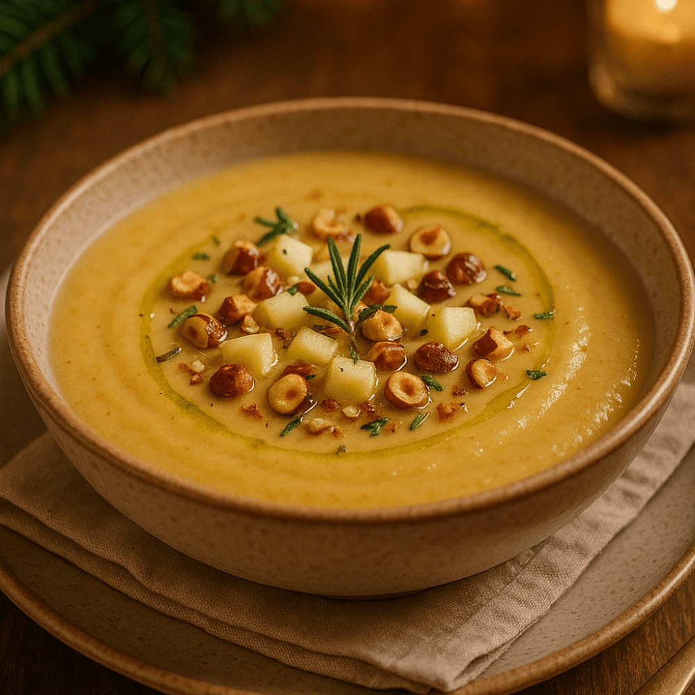 Romige pastinaaksoep met appel en hazelnoot