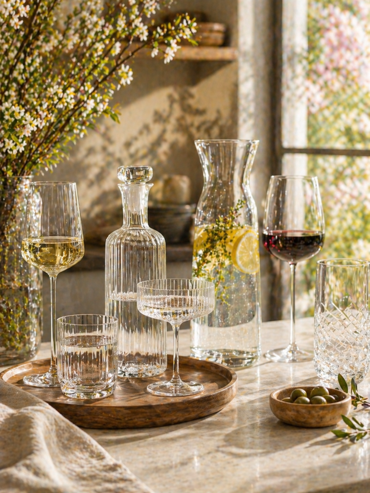 glazen en karaffen, drinkglazen, waterglazen, champagneglazen, wijnclazen, witte wijnglas, rode wijnglas, longdrinkglas, Tumbler, gekleurde glazen