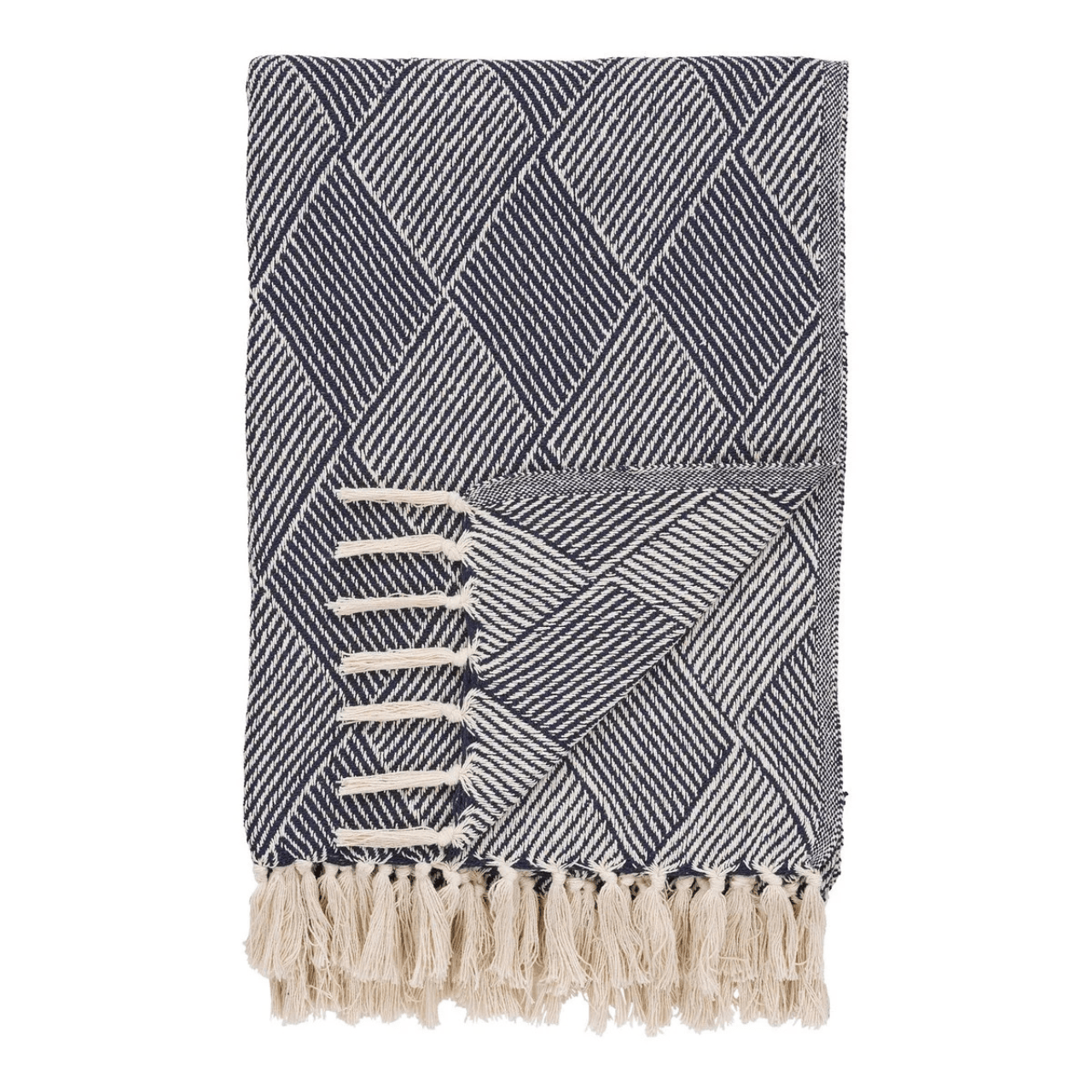 Blauwe en beige plaid Izmir van House Nordic, 130x180 cm, losjes gedrapeerd over een bank