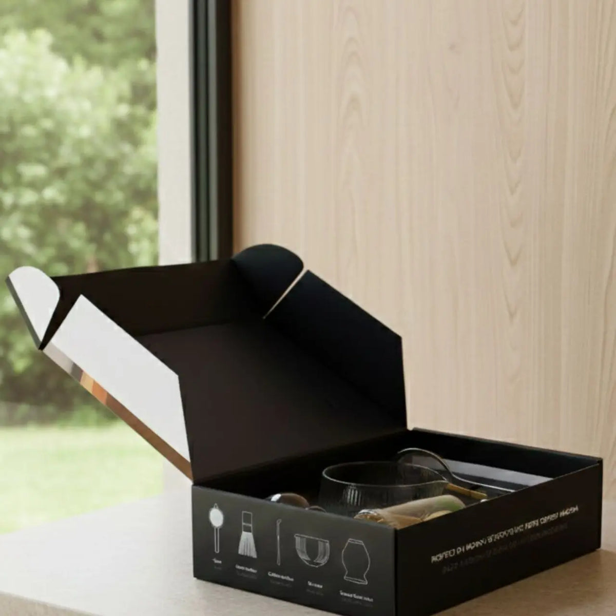 Geopende geschenkdoos van de matcha set