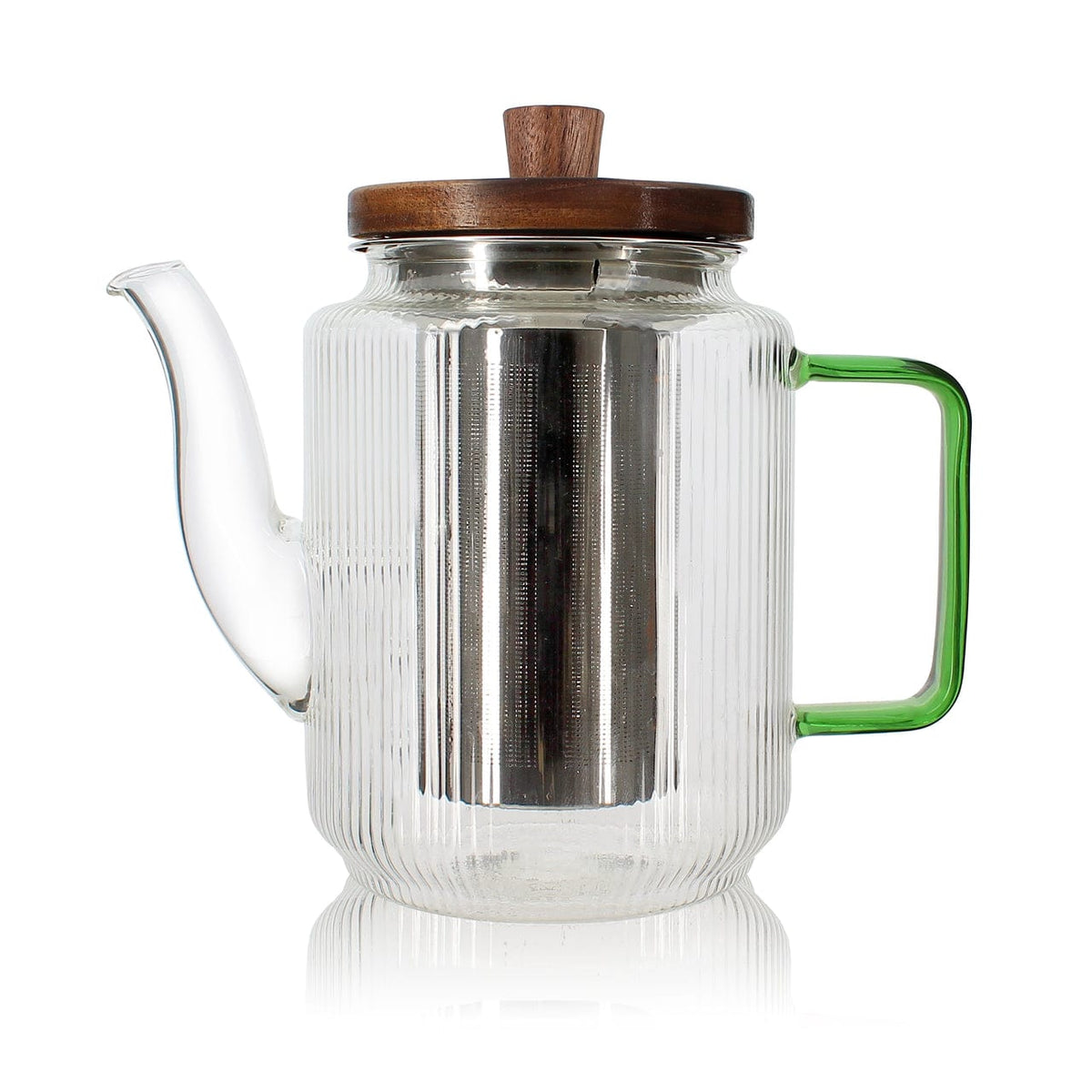 Glazen theepot met filter van roestvrij staal, houten deksel en jadegroen handvat