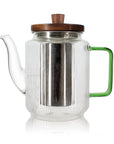 Glazen theepot met filter van roestvrij staal, houten deksel en jadegroen handvat