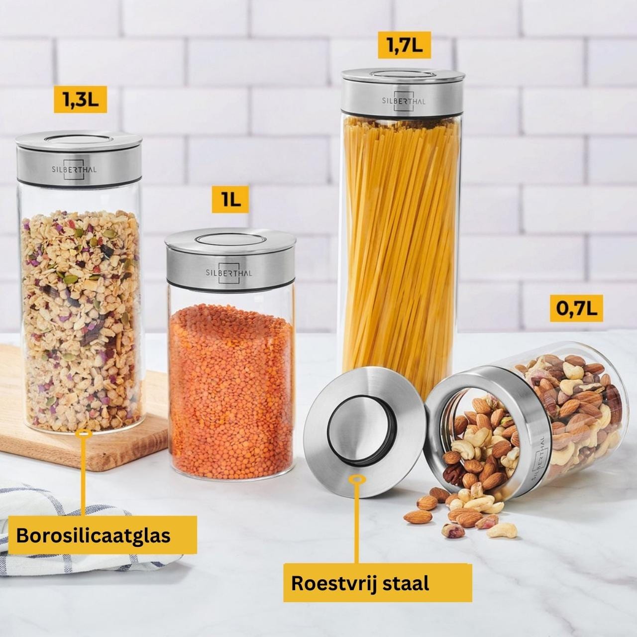 SILBERTHAL Set voorraadpotten - glas - luchtdichte container - roestvrijstalen deksel met schroefdop en klikmechanisme - 2 stuks SILBERTHAL Set voorraadpotten - glas - luchtdichte container - roestvrijstalen deksel met schroefdop en klikmechanisme - 2 stuks